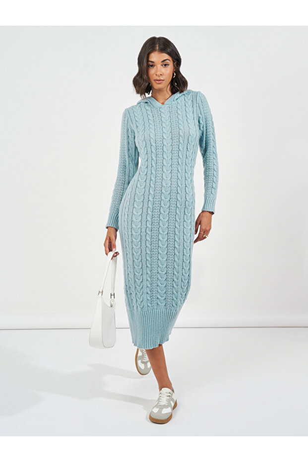 Cable Knit Hooded Long Sleeve Sweater Midi Dress