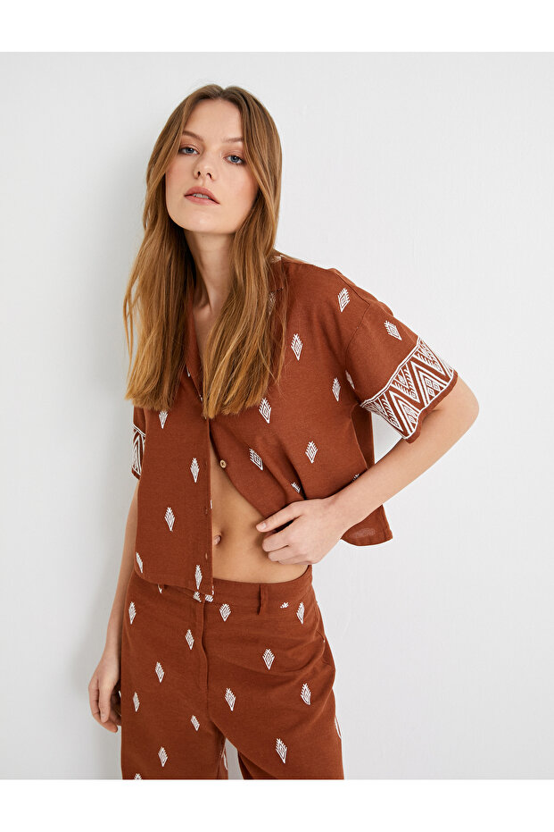 Crop Shirt Ethnic Patterned Short Sleeve Buttoned