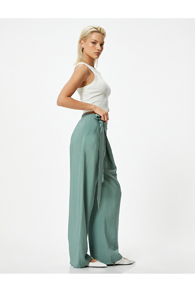 Wide Leg Pants with High Waist and Belt Detail, Pockets