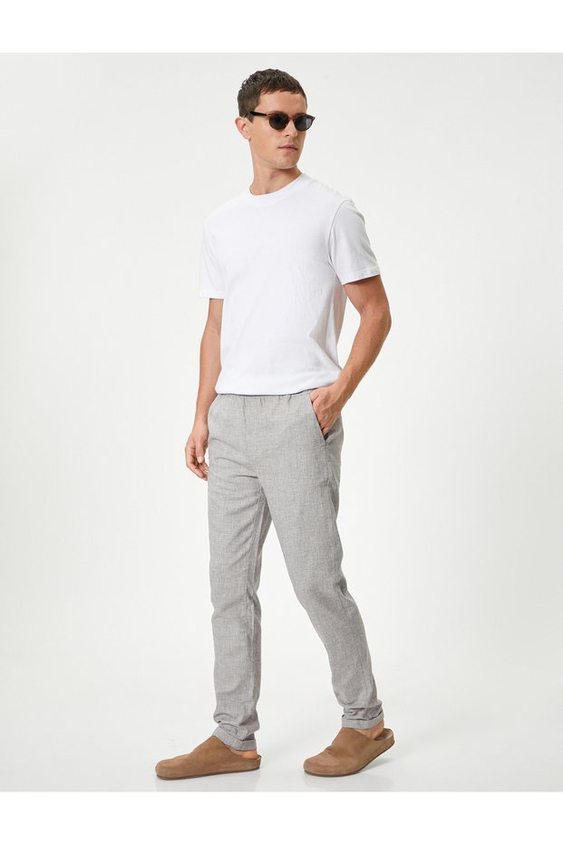 Linen Blend Chino Trousers with Lace-Up Waist, Tapered Fit and Pocket Detail