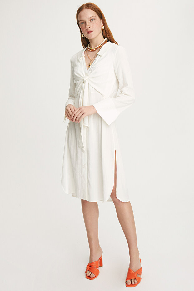 Cassey Comfortable Shirt Collar Midi Length Ecru Color Dress