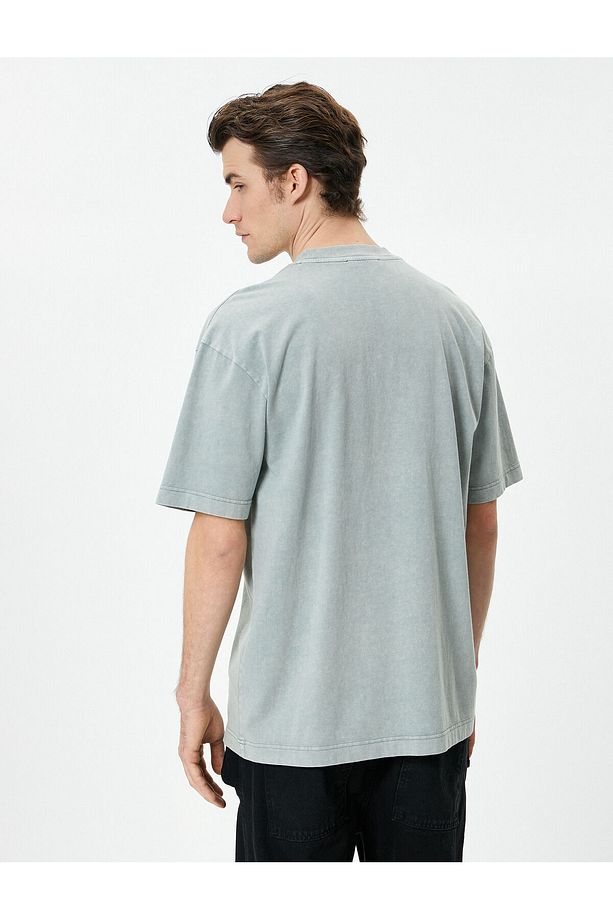 Oversize Tişört Yıkamalı Ay İşlemeli Bisiklet Yaka Kısa Kollu - 4