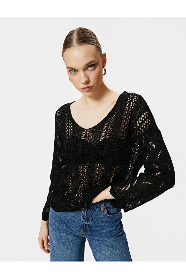 Durchbrochener Pullover mit langen Ärmeln und V-Ausschnitt - 3