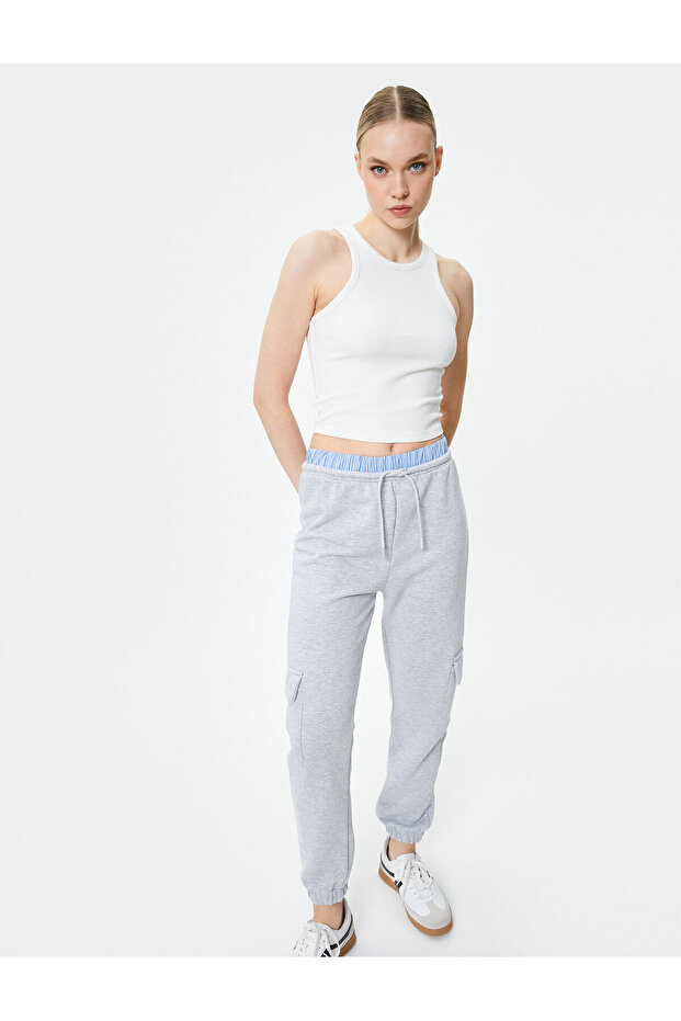 Jogger Cargo Sweatpants with Double Waist Detail and Color Contrast