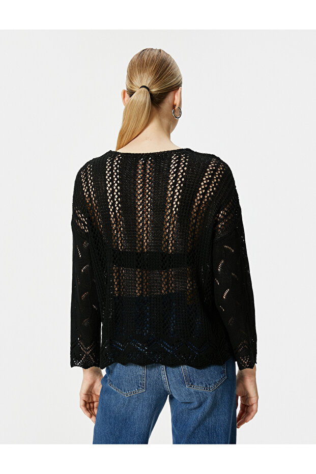 Durchbrochener Pullover mit langen Ärmeln und V-Ausschnitt - 4