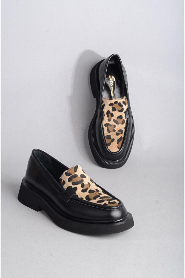 Seç 7010 Genuine Leather Black-Leopard Patterned Women's Masculine Shoes