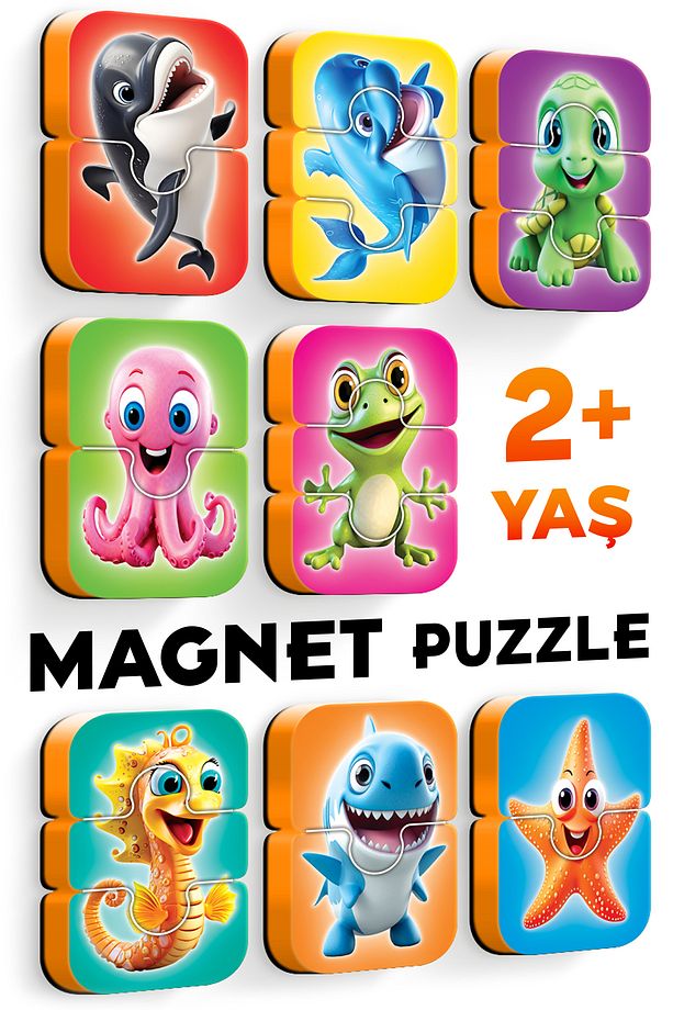 Deniz Hayvanları Mıknatıslı Yapboz 8 Adet 2-3 Parçalı Magnet Puzzle 2 Yaş - 8