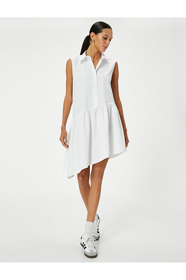 Shirt Dress Asymmetrical Cut Sleeveless Buttoned Cotton Comfortable Cut