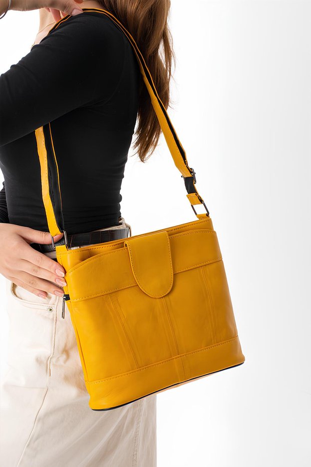 Genuine Leather Multi-Eye Cross Strap Yellow Women's Shoulder Bag