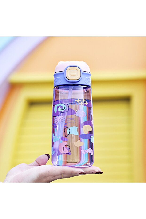 Patterned Water Bottle with Straw and Strap, Purple, 20X7-