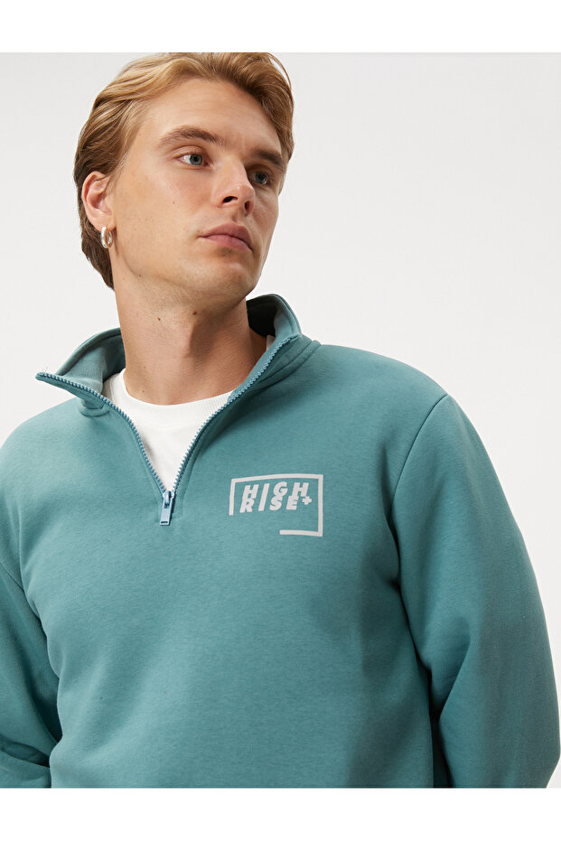 Half Zipper Sweatshirt Slogan Printed Stand Collar Ribbed Ribbed