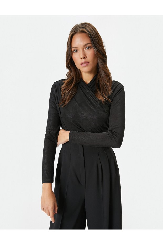Shiny Double Breasted T-Shirt Stand Collar Long Sleeve