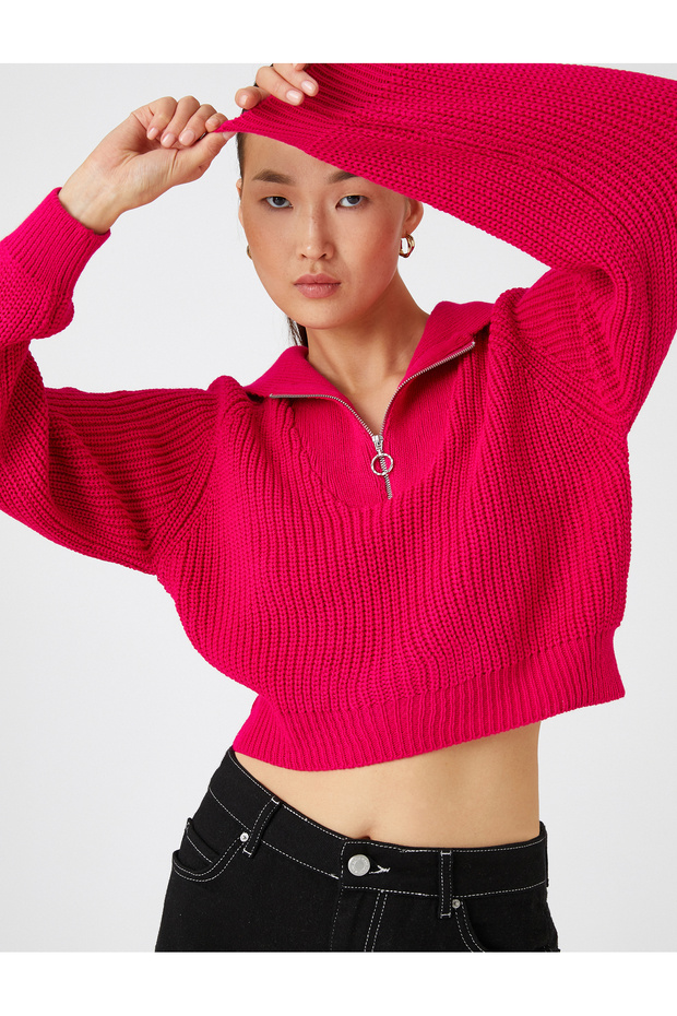 Crop Knitwear Sweater Half Zipper Long Sleeve Cashmere Textured