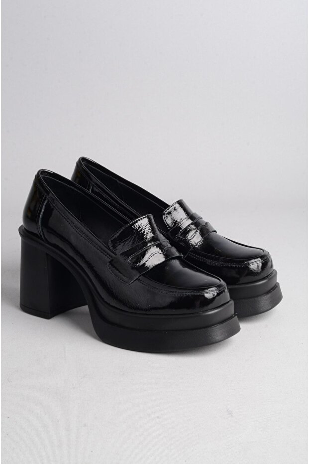 Seç 2405 Genuine Leather Platform Shoes (Heel Height: 9 Cm, Platform: 3.5 cm) Black Patent Leather