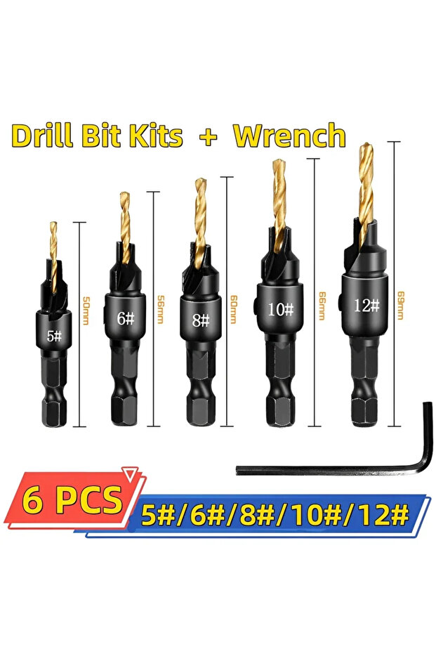 Titanium Plating5-12 1/4 Hex Shank Countersink Drill Woodworking Drill Bit Set Drilling Pilot Holes