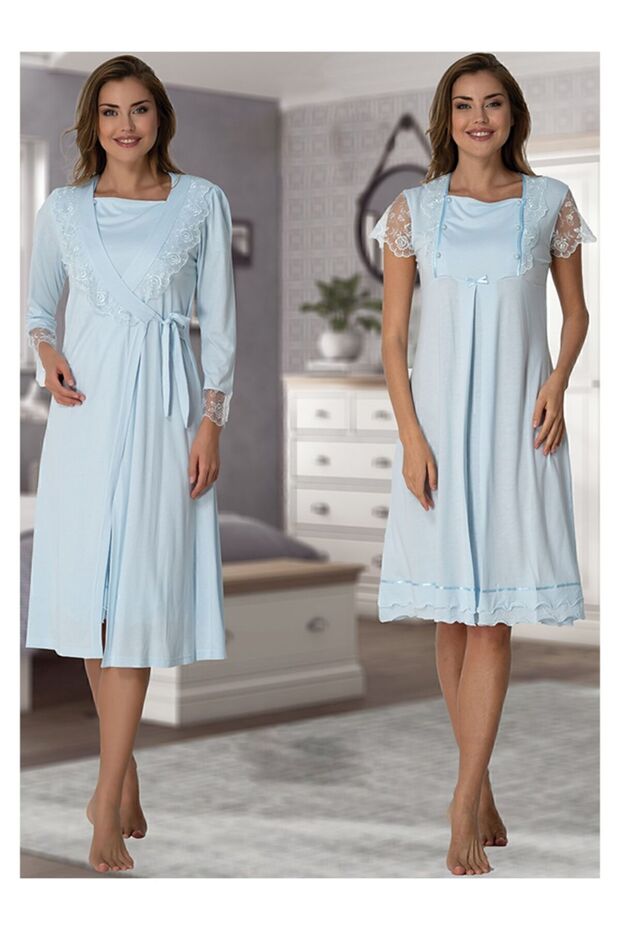 Effortt Blue Maternity Nightgown Set with Dressing Gown