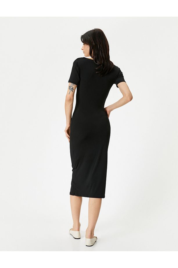 Midi Elbise Drape Yaka Kısa Kollu Standart Kesim - 4