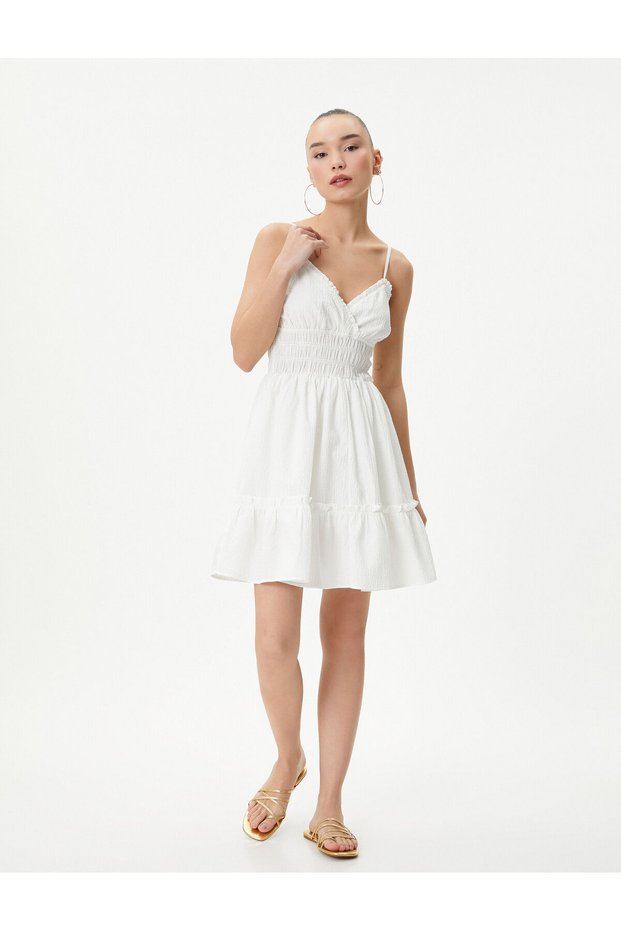 Strappy Mini Dress Lined Double Breasted Collar Ruffle Detailed Elastic Layered