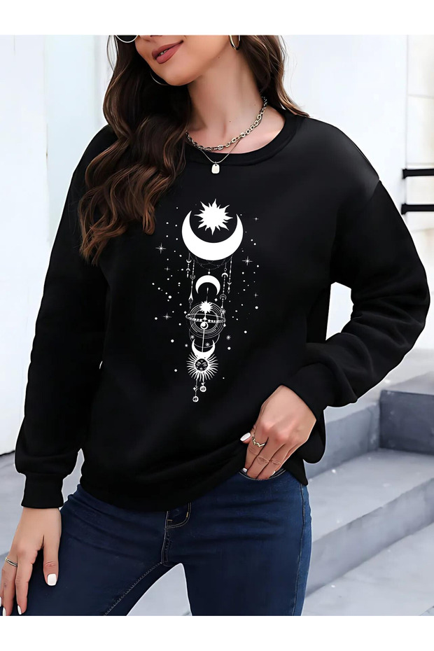 Moon Sun Sweatshirt - Black Printed Oversize Crew Neck