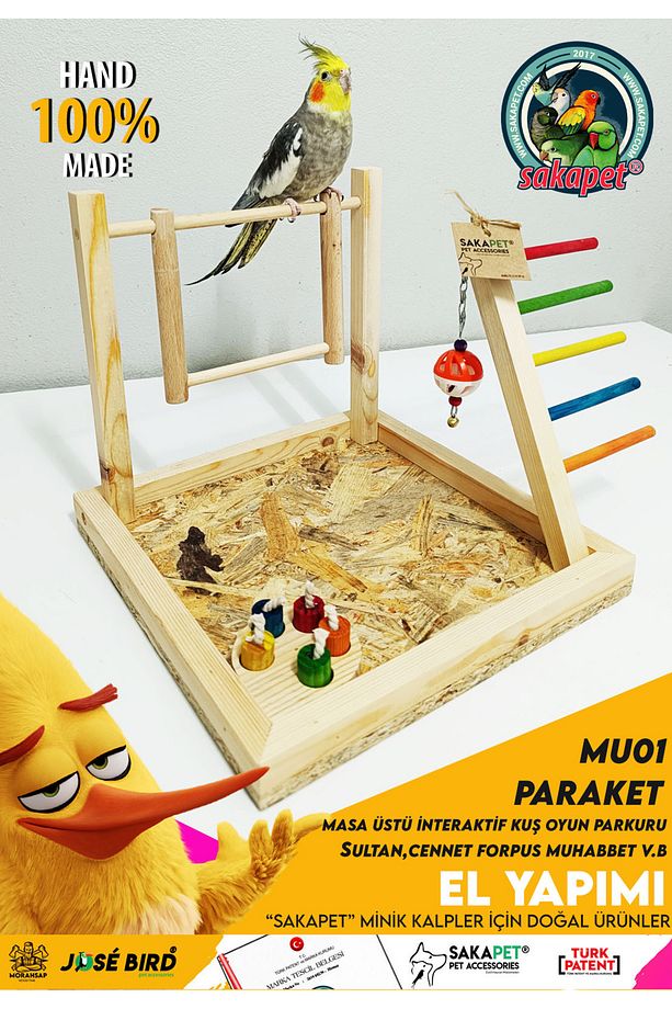 Masa Üstü İnteraktif Ahşap Cennet sevda Sultan Papağanı Kuş Zeka Ve Eğlence Parkuru - 1