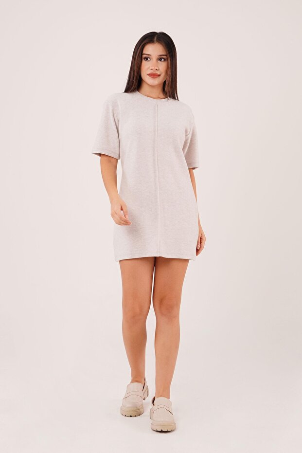 Short Sleeve Thessaloniki Fabric Beige Short Dress