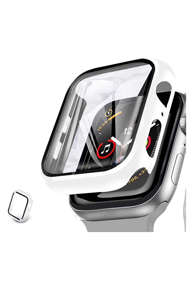 حافظة شاشة 360 درجة متوافقة مع Apple Watch Series 4 مقاس 44 ملم، حماية زجاجية كاملة - أبيض