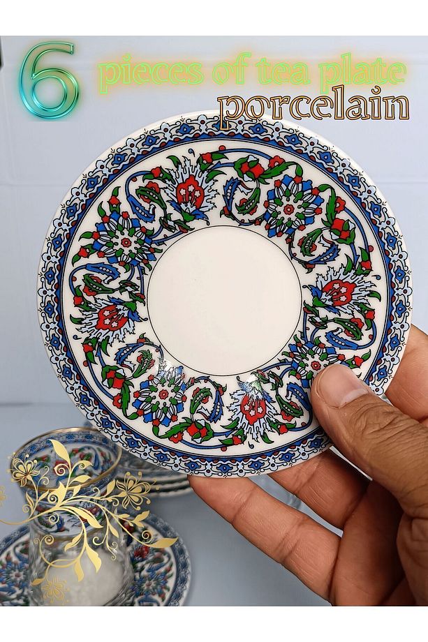 Heybeli Altın Bitkisel Desenli Çini Motifli Porselen Tabak, Cam Bardak 6 Kişilik Çay Seti - 6
