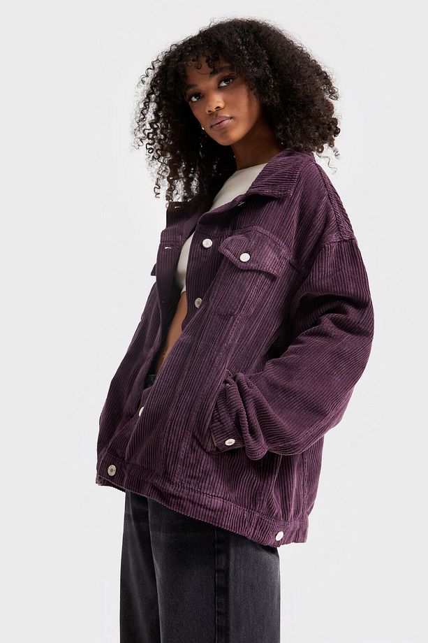 Kadın Mor Renk Kalın Fitilli Kadife Kumaş Oversize Ceket - 1