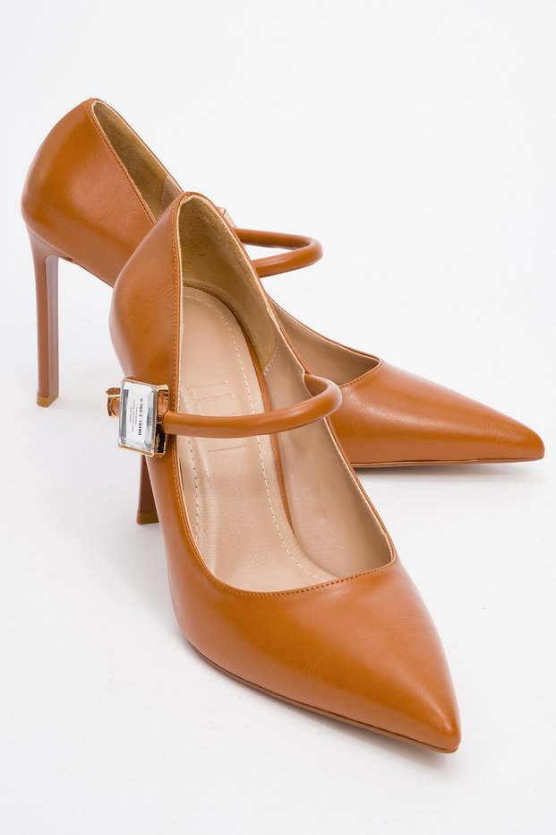 Pattaya Tan Skin Stone Detailed Women's Thin Heeled Shoes