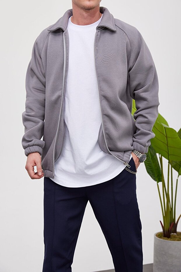 Zippered Basic Gray Jacket - 2