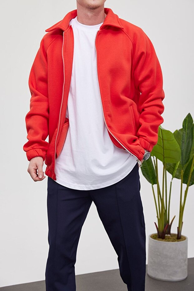 Fermuarlı Basic Kırmızı Ceket - 2