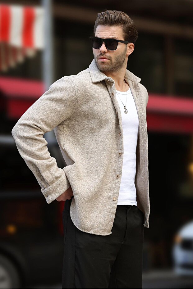 قميص سترة منقوش باللون البيج للرجال - E6755 - 3