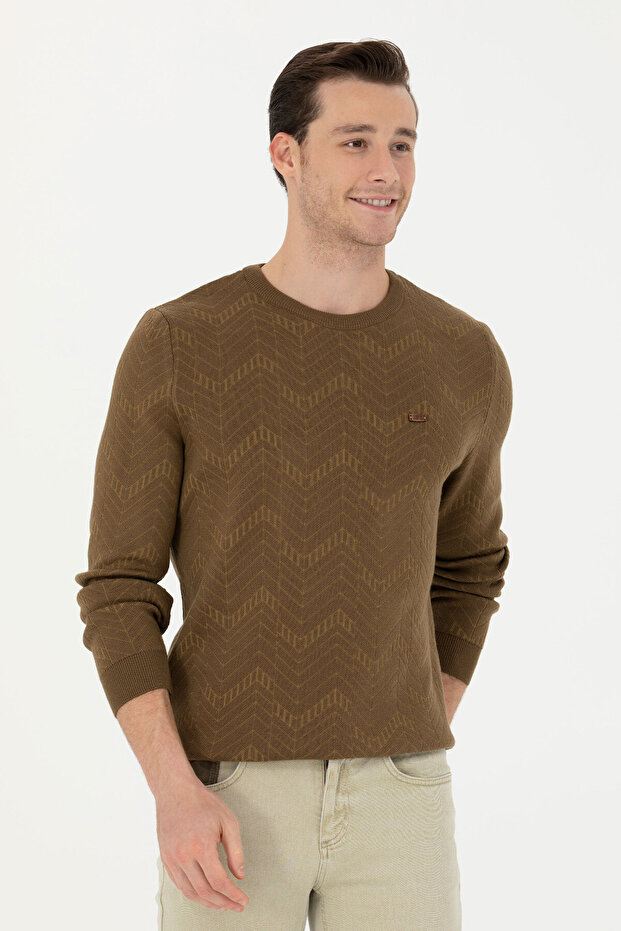 Men's Regular Fit Crew Neck Khaki Sweater 50271000-Vr027