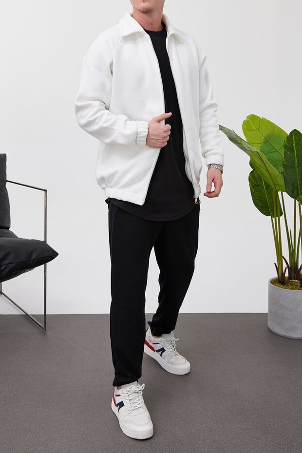 Fermuarlı Basic Beyaz Ceket - 1