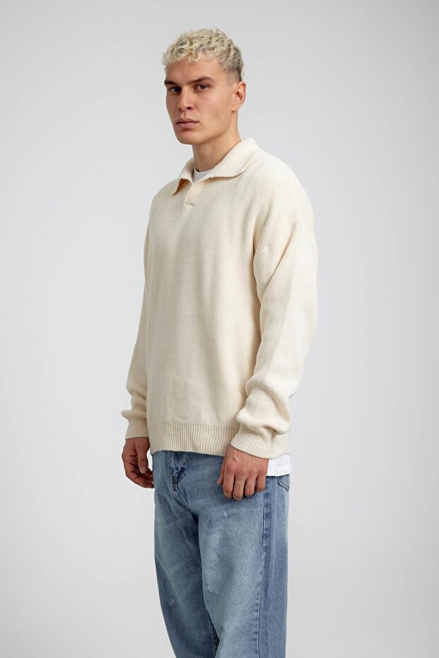 Krem Yakalı Basic Triko - 2