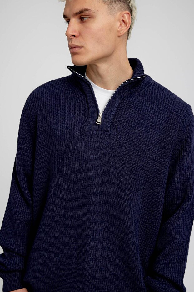 Men's Knitwear with Knitted Collar, Dark Navy Blue, Oversize Zippered Knitwear Fabric