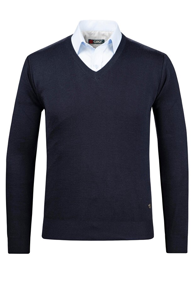 Men's V-Neck Knitwear Navy Blue Sweater Plain Weave Steel Knit