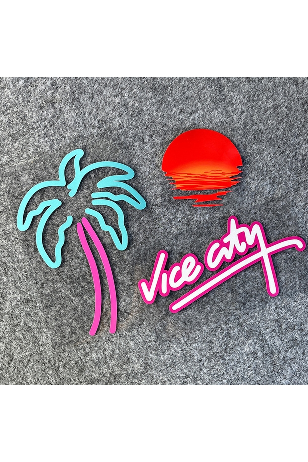 SET A-3PCS Sunset Neon Light Coconut Tree Retro Atmosphere Car Window Decorative Sticker Waterproof