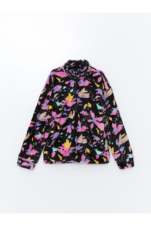 Black Stand Collar Plush Girl's Zippered Sweatshirt