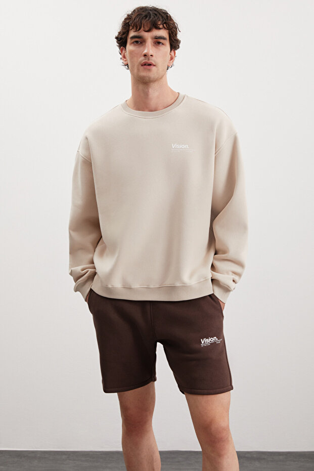Men's Organic Cotton Soft Print Detailed Crew Neck Fleece Inside Mink Sweatshirt