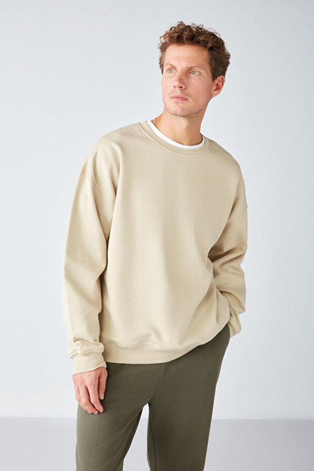 Stephan Men's Soft Fabric Organic Cotton Oversize Fit Round Neck Beige Sweatshirt