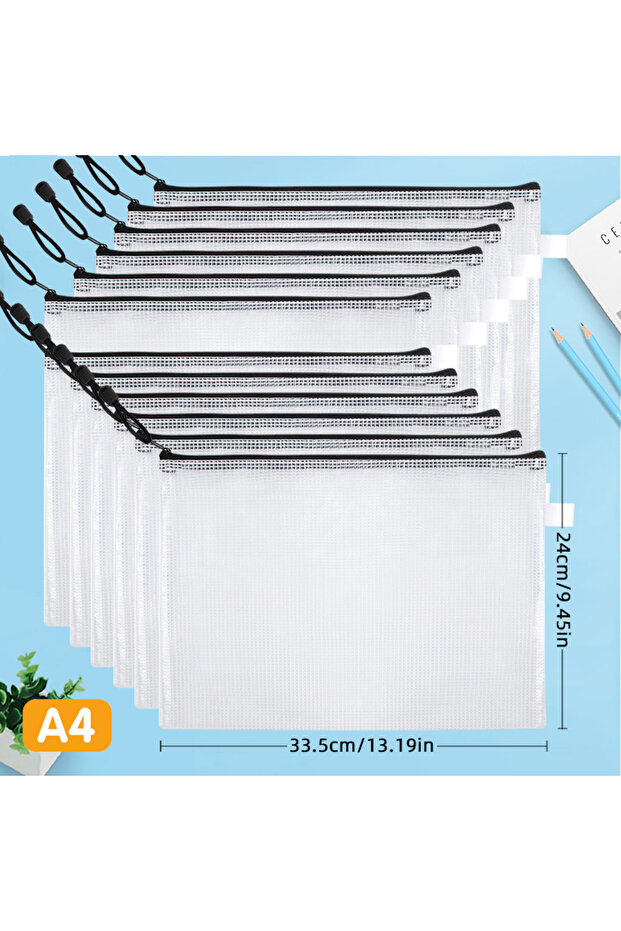 black zipper A4 12-Piece Plastic Mesh Zip File Bag, Waterproof and Tear-Resistant File Folder, Multi