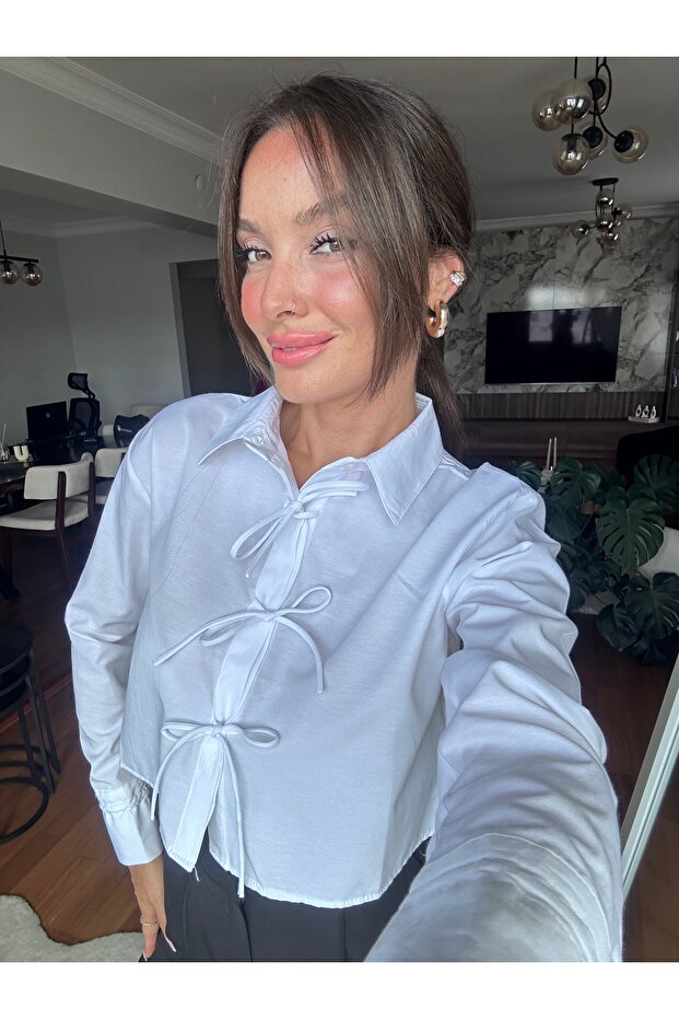 Kadın crop beyaz gömlek - 6