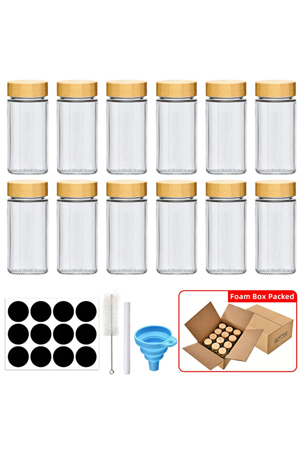 12pcs 12 Pcs Glass Jars with Bamboo Lids Include with Minimalist Labels Stickers Collapsible Funne