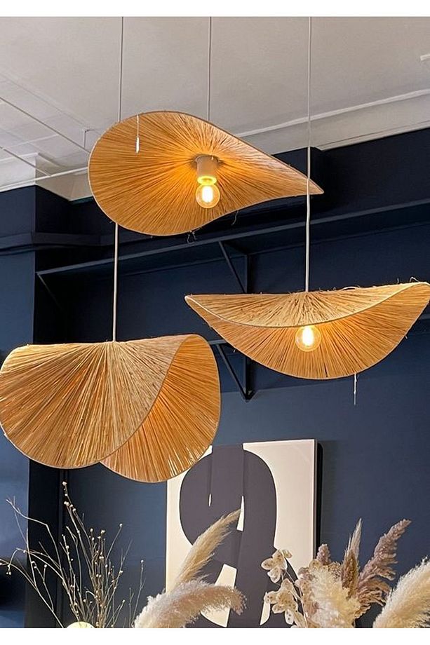 Rattan Bambu Hasır Makrome Sarkıt Avize 3 Lü Set 40 Cm Çap - 1