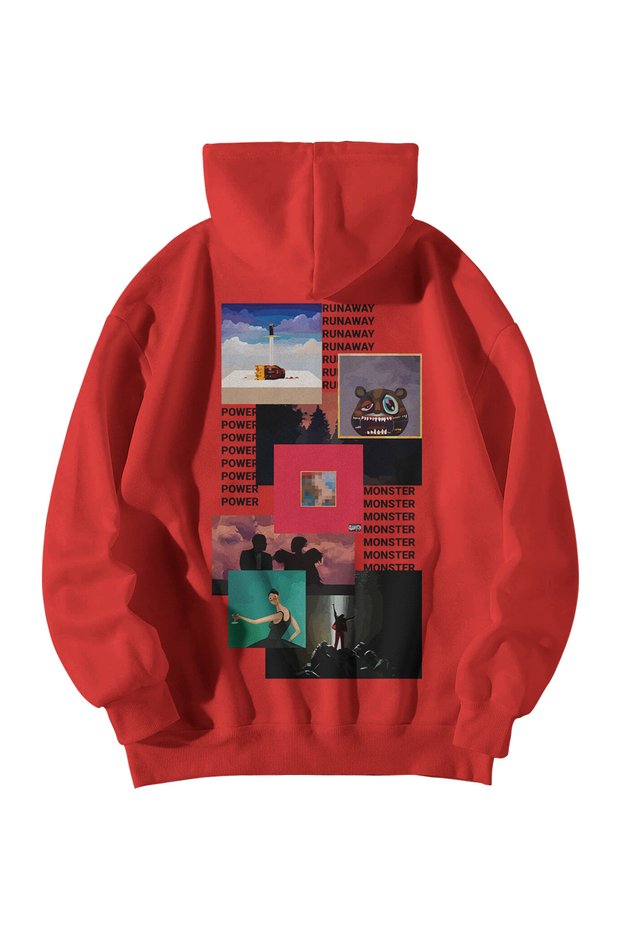Unisex Red Kanye West Dark Fantasy Printed Oversize Hoodie with Kangaroo Pocket