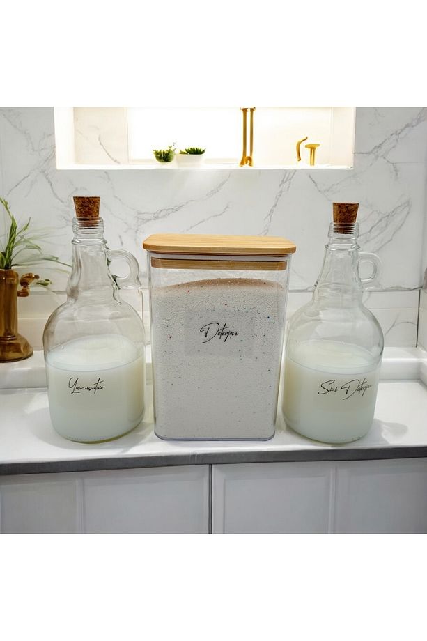 Ahşap Kapaklı Deterjan Kavanozu 2000ML-Mantar Kapaklı Sıvı Deterjan ve Yumuşatıcı Şişesi 1000ML - 1