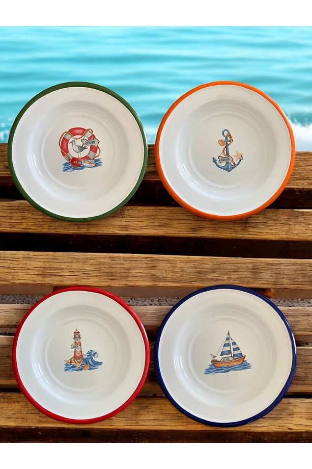 4 Adet 16CM Emaye Yemek Tabağı, Servis Tabağı, Emaye Tabak, Meze Tabağı, Sunum, Meyve, Marine Set - 1