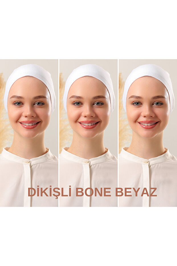 Women's Hijab Stitched Set Bonnet White 3 Pieces Tieable Combed Cotton Bonnet