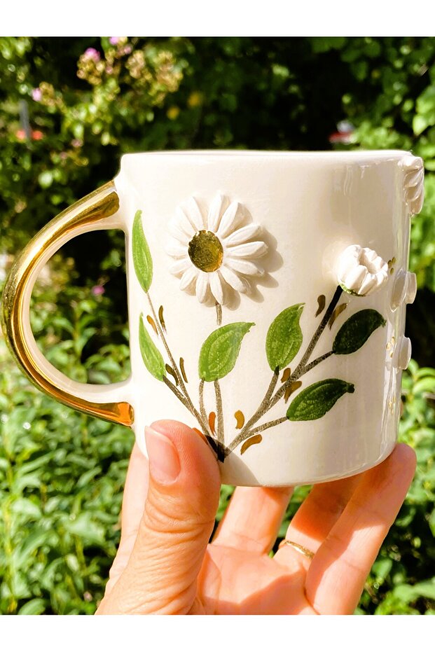 Premium Quality 24 Karat Gold Detailed, Daisy Mug, 320 Ml, Handmade Mug, Flower Mug, Daisy Mug